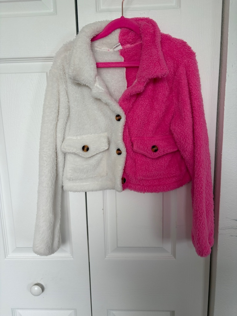 SHEIN Two-Tone Sherpa Jacket in Hot Pink & Cream